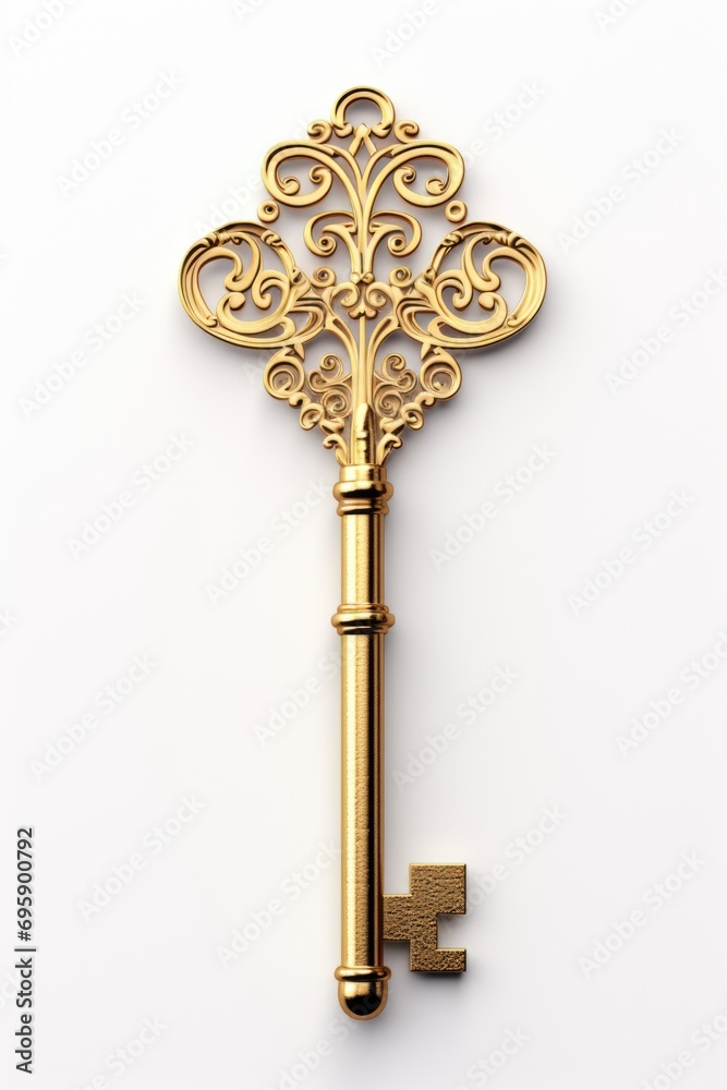 A golden key with a filigree design on it. A golden key with a filigree design on it.