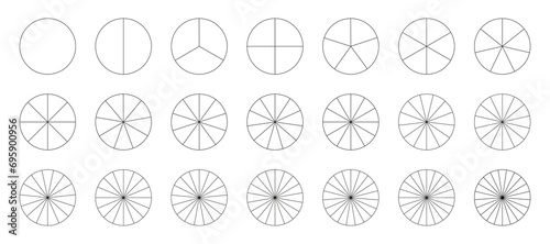 Circular segmented charts. Pie chart template. Sectors divide the circle on equal parts. Outline black thin graphics. Set of pizza charts. Segments infographic. Diagram wheel parts. Coaching tool. photo