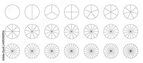 Circular segmented charts. Pie chart template. Sectors divide the circle on equal parts. Outline black thin graphics. Set of pizza charts. Segments infographic. Diagram wheel parts. Coaching tool.