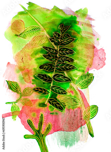 abstract hand painted art - leaves and plants painted on paper with watercolors - original artwork