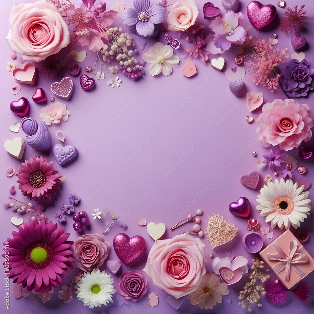 Flatlay with Flowers and Hearts - Background for Valentine's, Mother's or Woman's Day - Space for Copy Flatlay with Flowers and Hearts - Background for Valentine's, Mother's or Woman's Day - Space for Copy