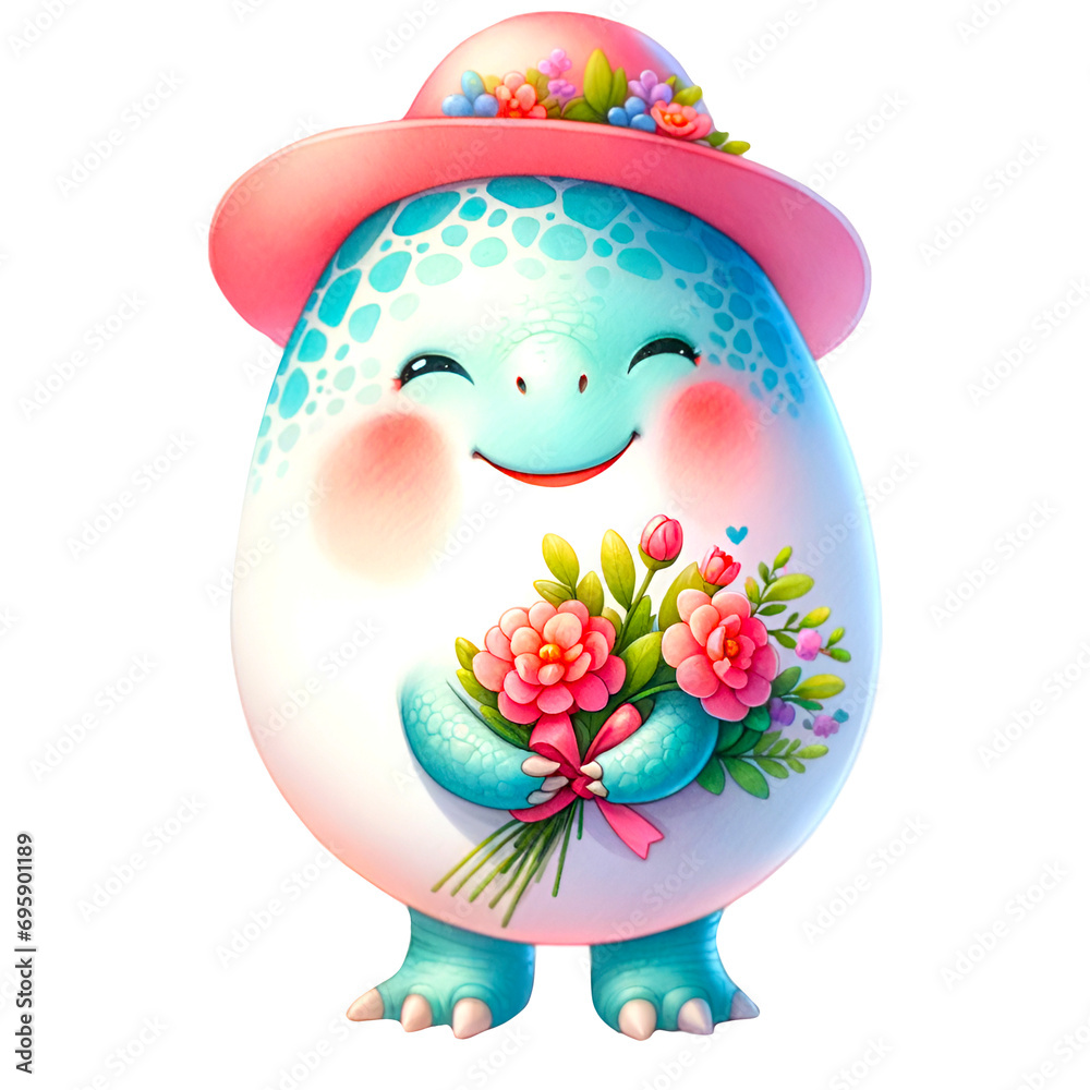 Watercolor illustration of a cute smiling dinosaur egg character holding a flower bouquet. Watercolor illustration of a cute smiling dinosaur egg character holding a flower bouquet.