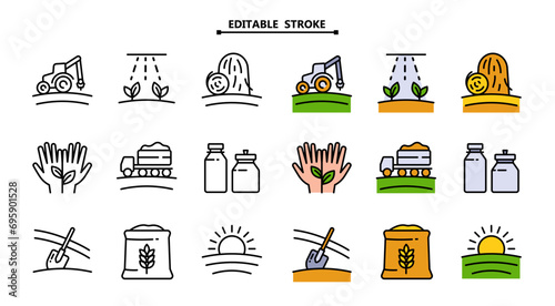 Set of Agriculture and Farming Color Icons set. Editable stroke. Vector farmers market icons. Modern agriculture logo symbols collection. Organic farming pictograms in simple style.
