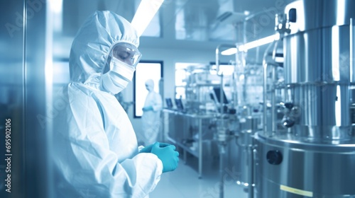 Biotechnology facility, pharma industry. Clean production room, worker or operator in protective clothes. photo