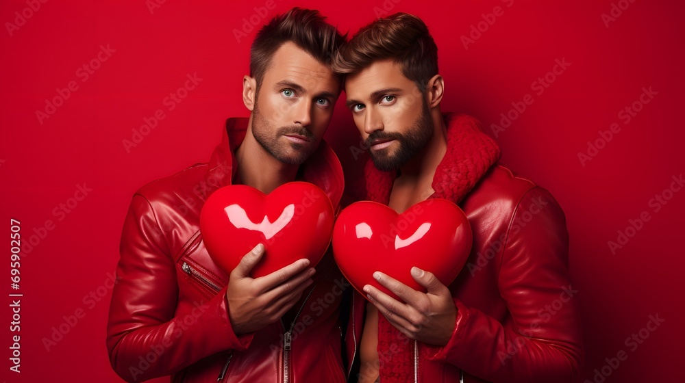Chic Romance - Stylish Male Couple with Shiny Heart Balloons