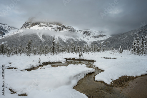 Creek entering frozen Emerald Lake in Yoho National Park, British Columbia, Canada
