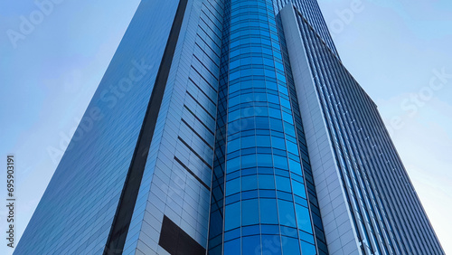 Low angle view of modern office building with glass window and clear blue sky background for business and finance concept.