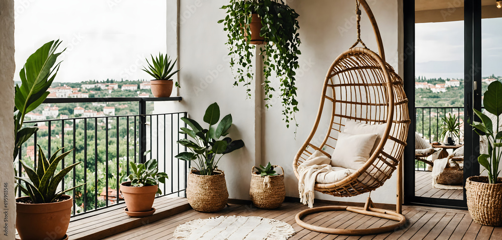 Cozy boho style balcony interior design with swinging chair, natural decoration and potted green plants - obrazy, fototapety, plakaty 
