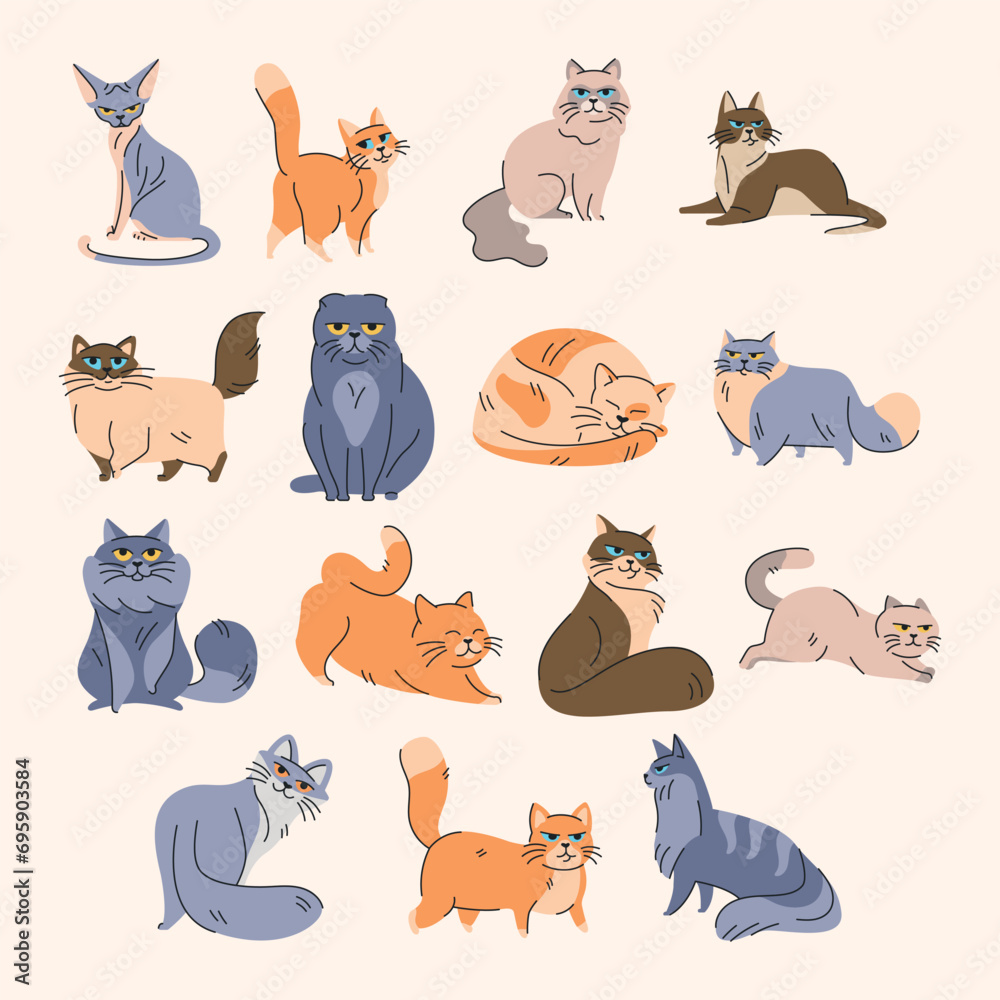 Cute cats in different poses color element. Cartoon cute animals. Cute cats in different poses color element. Cartoon cute animals.