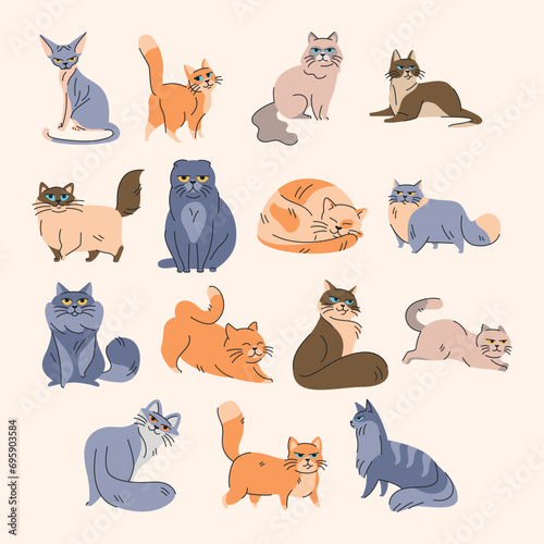 Cute cats in different poses color element. Cartoon cute animals.