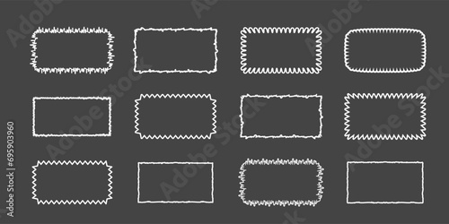 Set of torn and wavy frames. Wave curve edge shape. Zig zag edge rectangle shape set. Hand drawn rectangle borders with jagged edge. Ripped rectangular. Vector illustration isolated on dark background