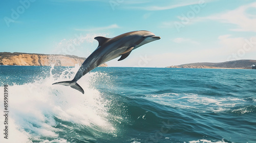 dolphin jumping out of water. Generative Ai © Shades3d