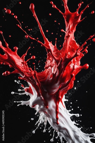 An explosion of paint on a black background. Red and white paint