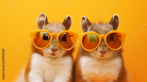 duo squirrel with orange sunglasses, fun portrait, orange background photo