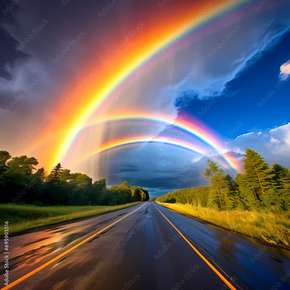 A vibrant rainbow stretching across the sky after a passing storm.