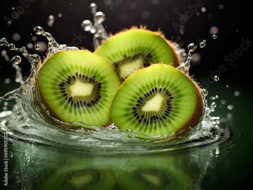 Natural delicious green sliced kiwis in clear water with splashes on a black background