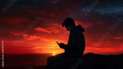 silhouette of a person using a smartphone in the sunset