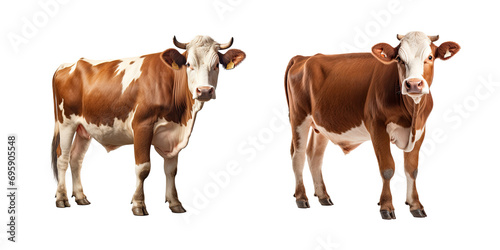 Cow or bullock farm portrait looking at camera isolated on clear png background, funny moment, Farmland animals concept. photo