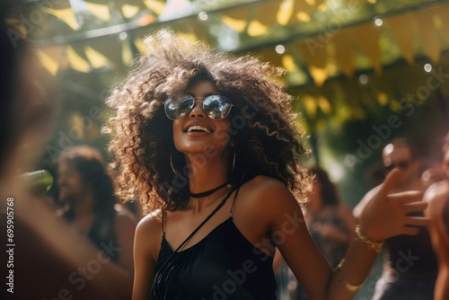 Beautiful young woman having fun at colourful music festival. Happy girl enjoying herself and dancing. Summer holiday, vacation concept.