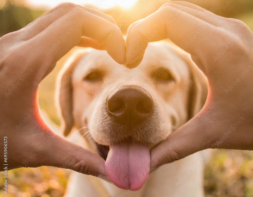 hands form a heart through which a cute dog looks - obrazy, fototapety, plakaty 