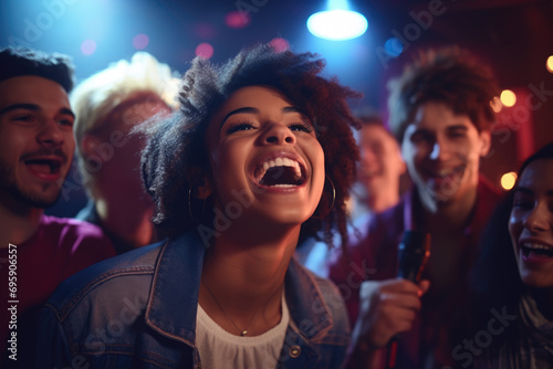 a group of diverse young friends singing at a karaoke party in a night club, laughing and having fun together