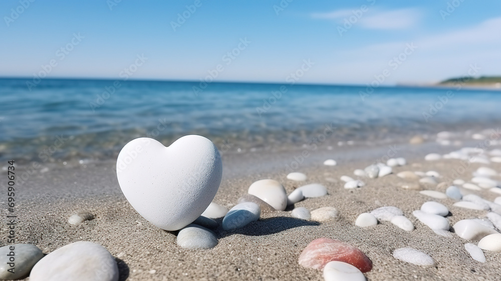 A beautiful white stone in the shape of a heart, on a stone beach, with empty copy space A beautiful white stone in the shape of a heart, on a stone beach, with empty copy space