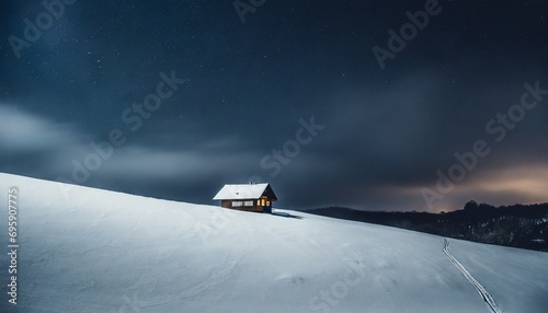 Lonely wooden house in the middle of snowy hill, smoking chimney