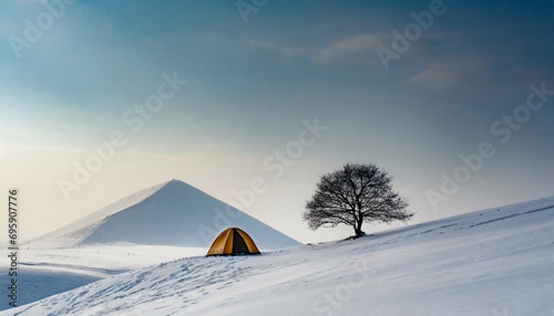 Lonely tree in the middle of snowy hill, tent under and near tree © 7