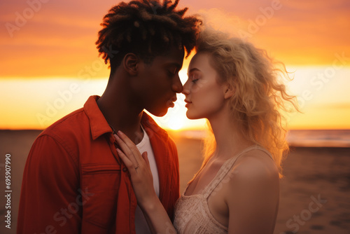 Escena romántica: Pareja interracial enamorados en la playa durante la puesta de sol.