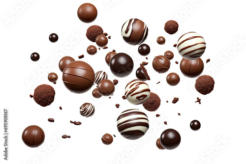 Various types of chocolate falling with choc flake in the air isolated on transparent background, dessert sweet concept, piece of dark chocolate. photo