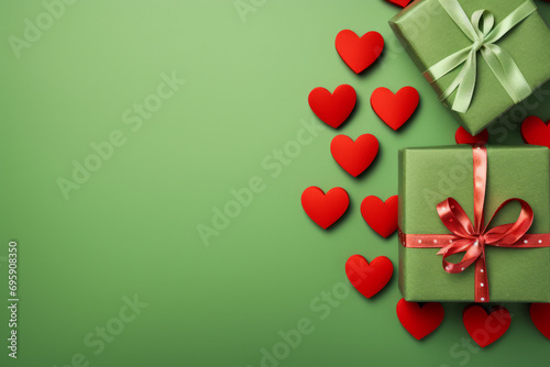 Fondo verde liso con regalos y corazones por san valentín.