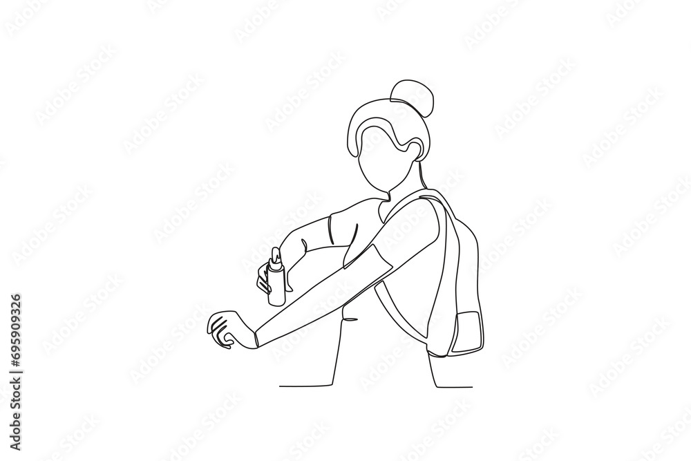 One continuous line drawing of Female tourists spraying insect repellent. Hospital health care concept single line draw design vector illustration
