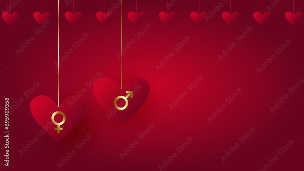 Valentine's day banner. Red hearts decorated gold symbol on red background