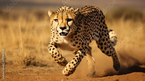 A cheetah in mid-sprint, chasing its prey with incredible speed across the expansive plains of the savanna