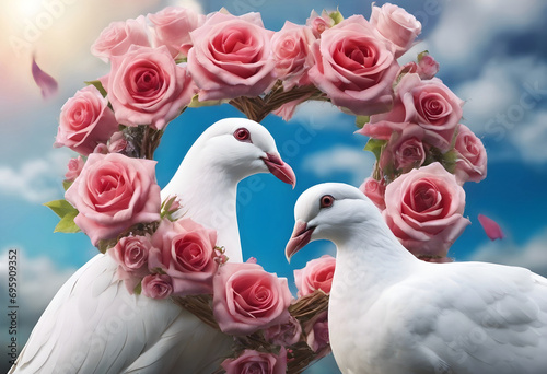 Two white doves surrounded by a rose heart.