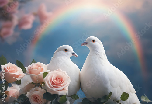 Two lovely white doves with roses and a rainbow.