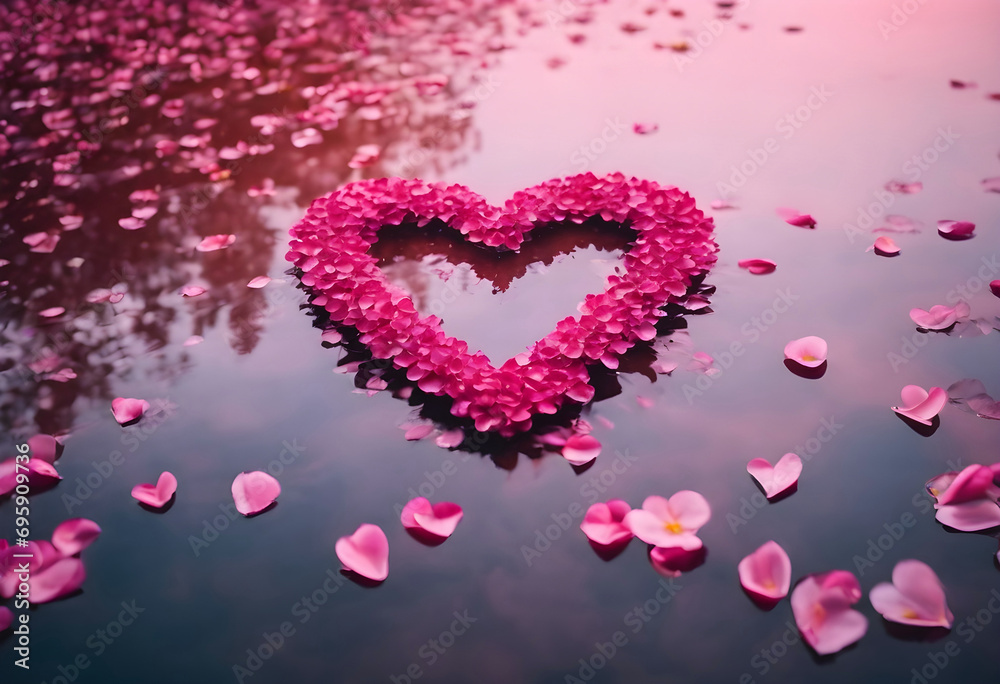 Heart-shaped pink flower petals on a lake Heart-shaped pink flower petals on a lake