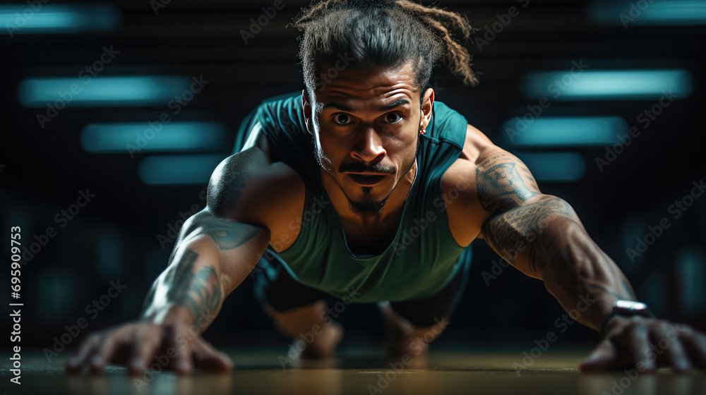 Fototapeta premium A man with a sporty figure stands in the plank.