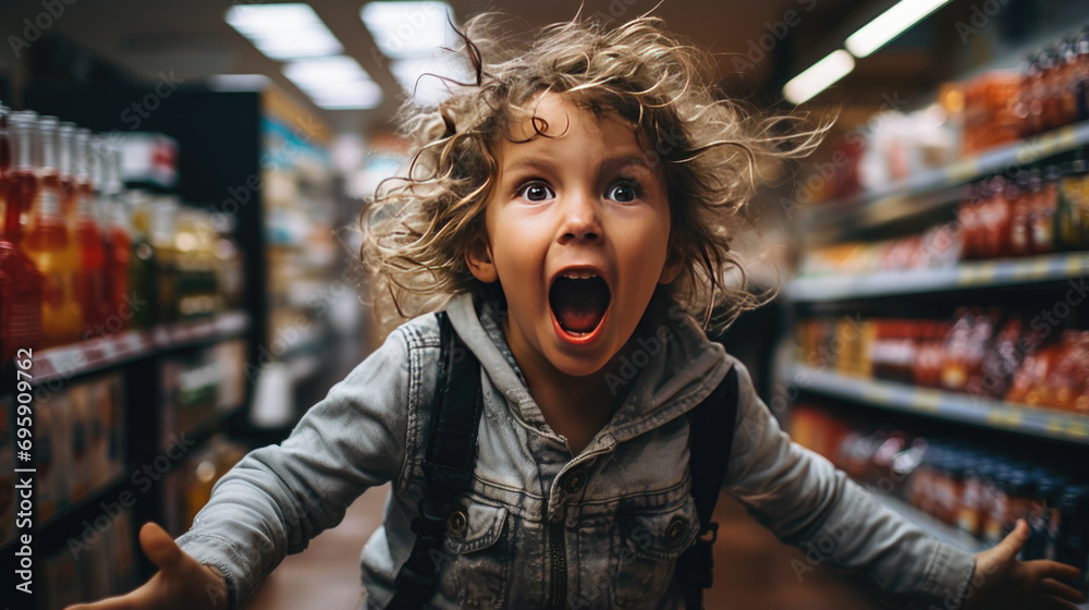  A child is screaming in a toy store. - obrazy, fototapety, plakaty 