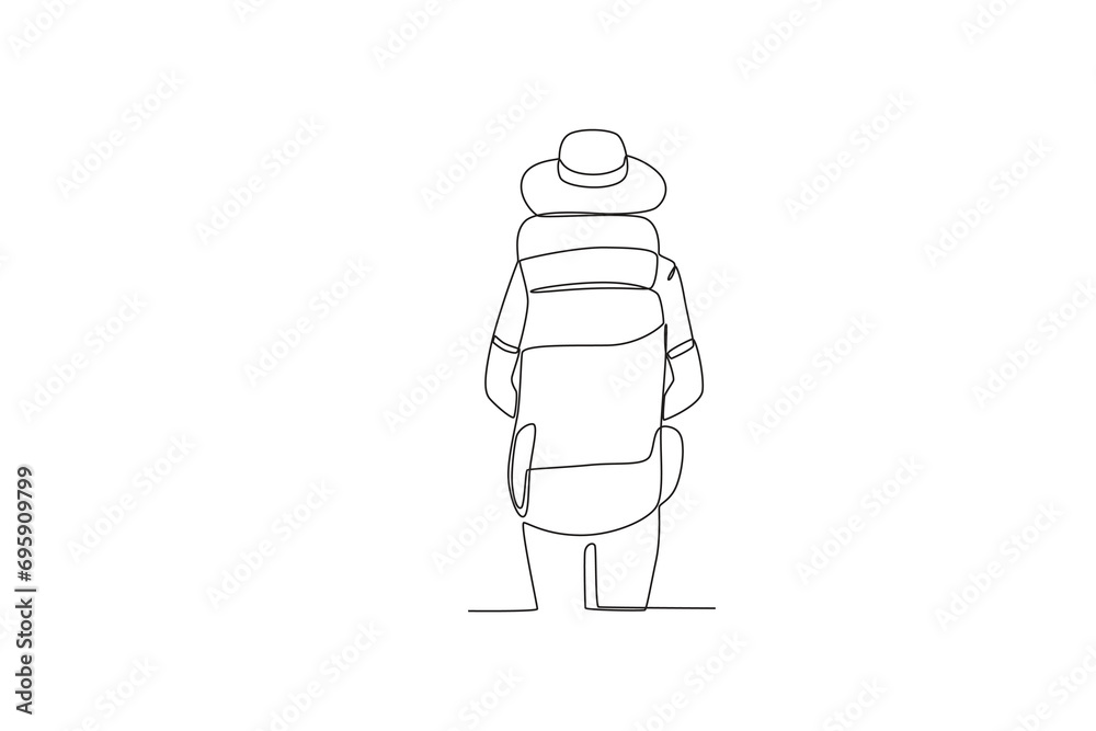 One continuous line drawing of Travelers using backpack travel bags and round hats. Hospital health care concept single line draw design vector illustration
