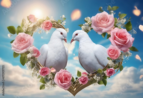 Two white doves surrounded by a rose heart.