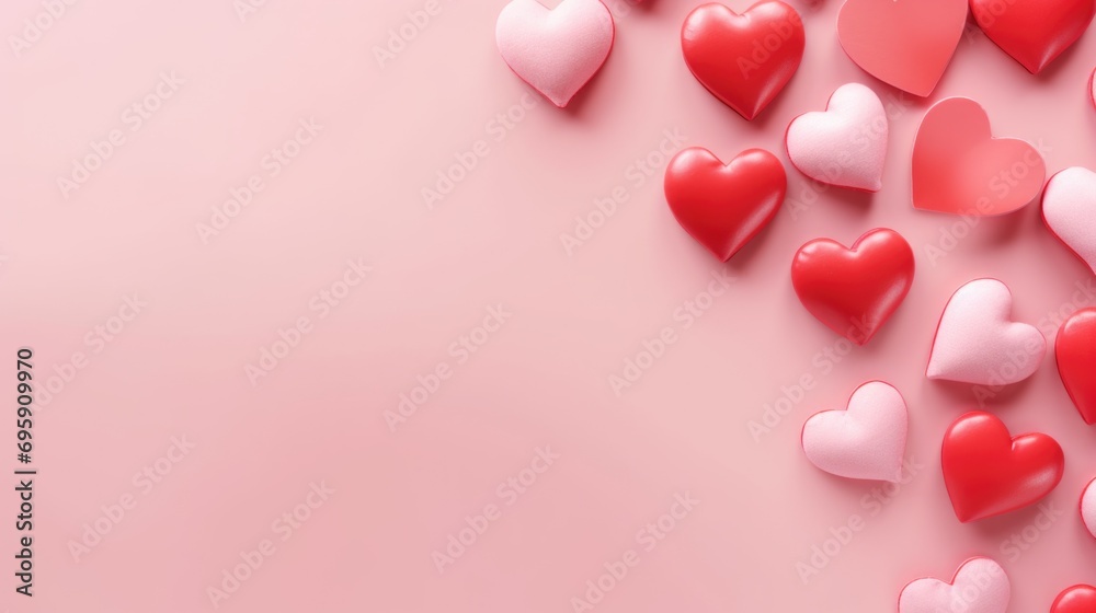 A bunch of red and white hearts on a pink background. Valentines day background with copy-space.
