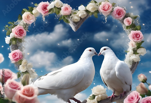 Two white doves surrounded by a rose heart.