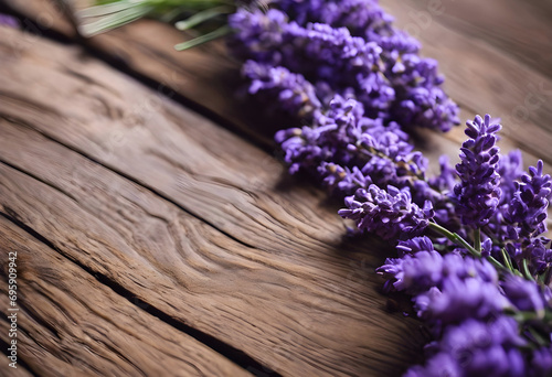 Lavender flowers close-up on a rustic wooden table.