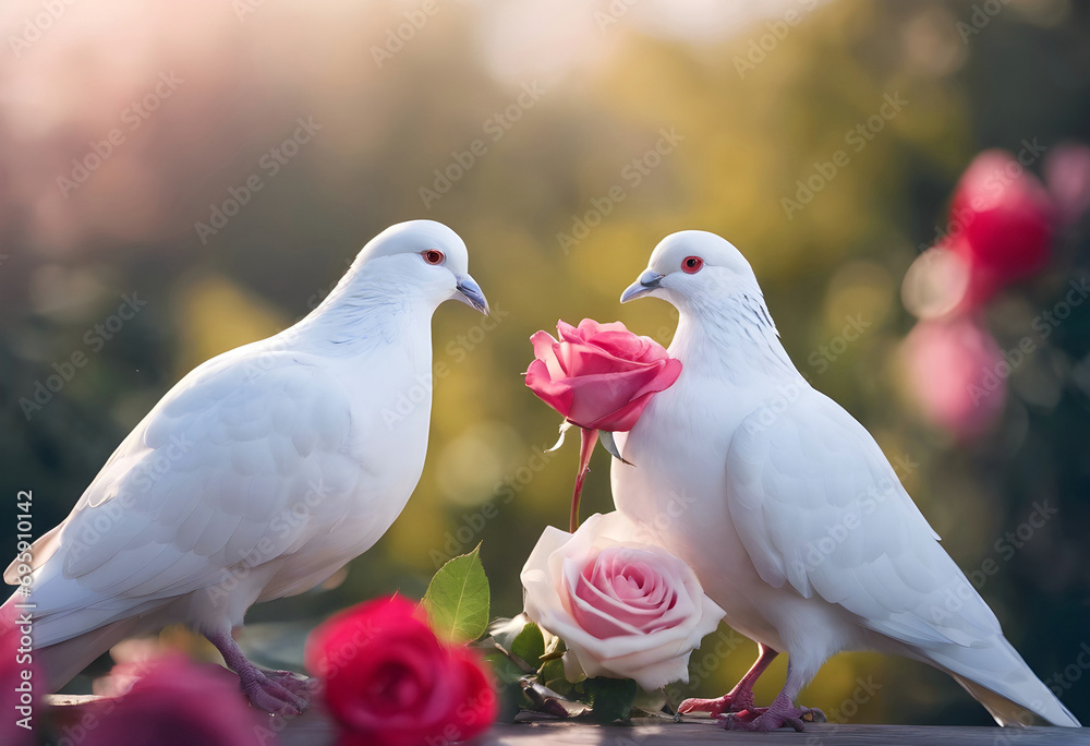 Two white doves close-up with roses.