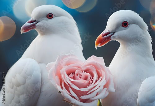 Two white doves close-up with a pink rose.