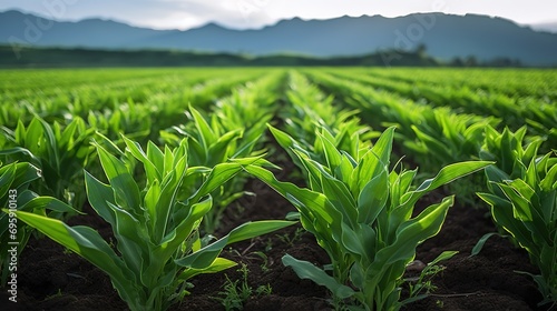 rows of young corn plants growing on the field  agricultural concept