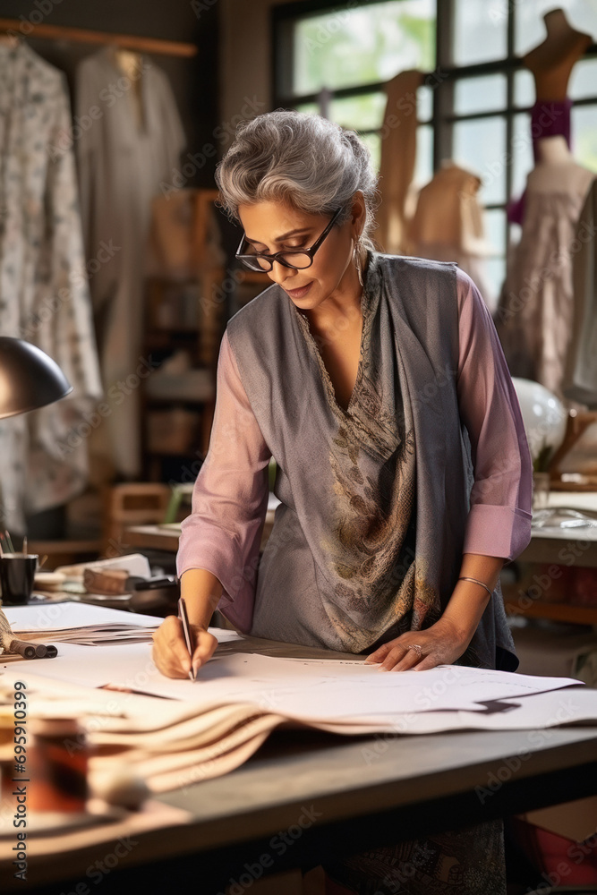 senior female fashion designer working at own shop senior female fashion designer working at own shop