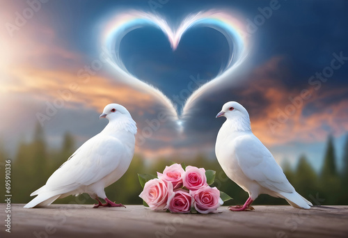 Two white doves with a bouquet of roses and a rainbow heart in the background.