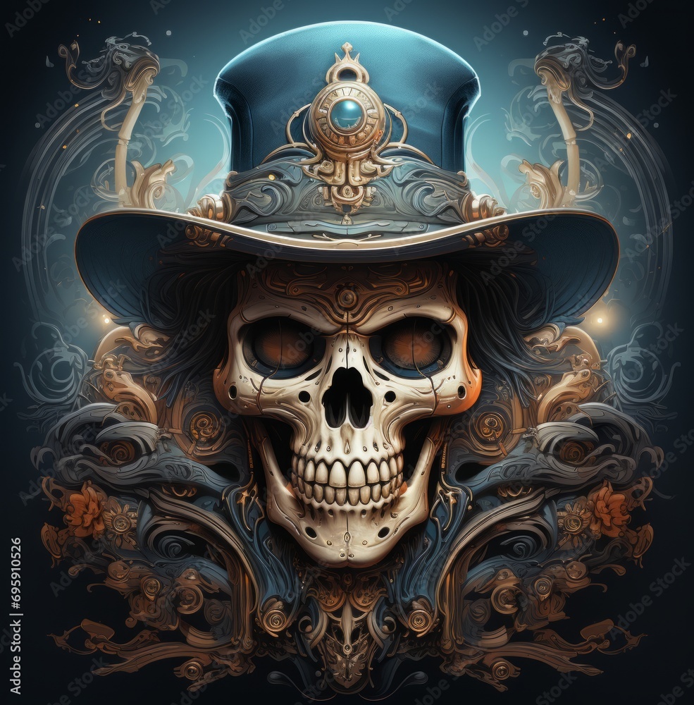 A striking painting of a skull adorned with a stylish hat, its bony visage transformed into a work of art through intricate patterns and a touch of mystery A striking painting of a skull adorned with a stylish hat, its bony visage transformed into a work of art through intricate patterns and a touch of mystery